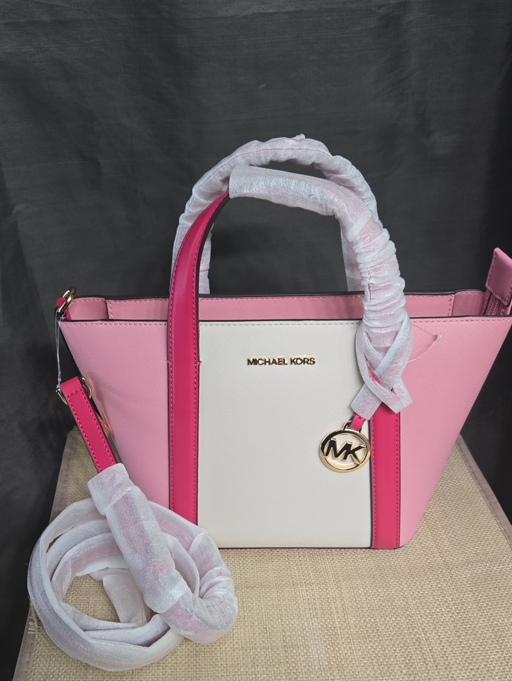Michael Kors Pink & White Color-Block Saffiano Tote with Gold MK Charm